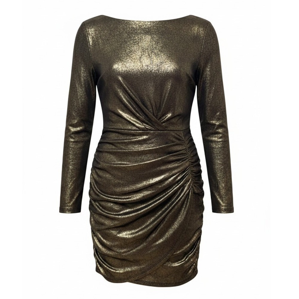ASTR The Label Mini Dress Sz L Gold Metallic Ruched Long Sleeve Party Glam